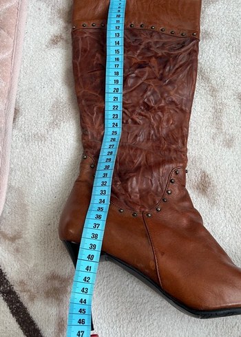 Kahverengi Deri Diz Üstü Topuklu Bot - Görsel 6