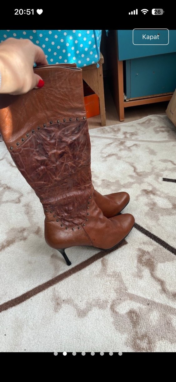 Kahverengi Deri Diz Üstü Topuklu Bot - Görsel 2