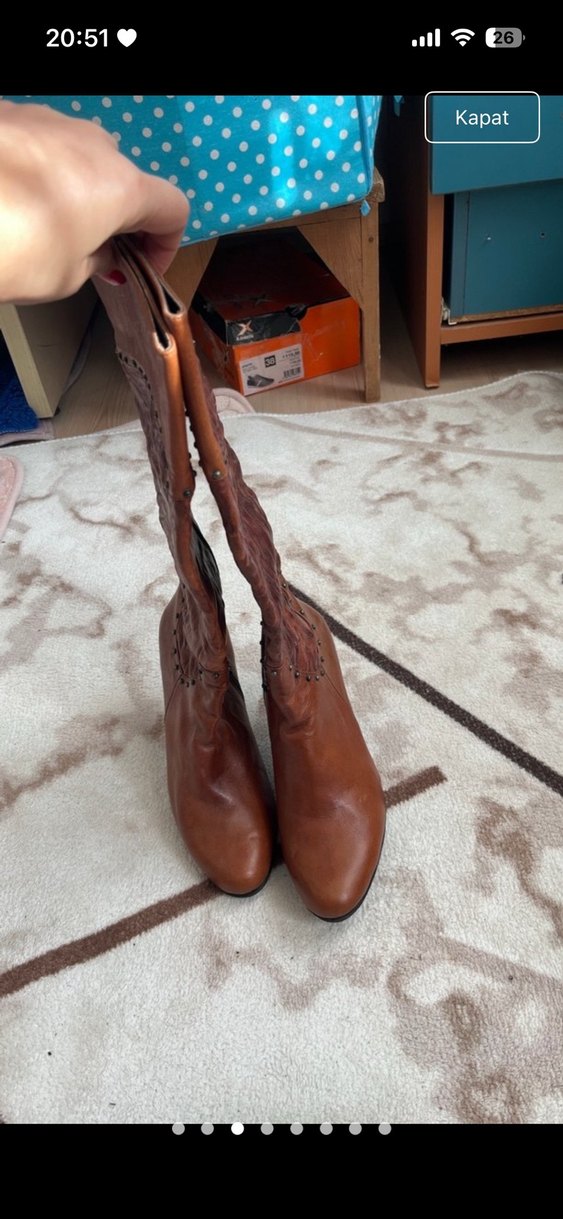 Kahverengi Deri Diz Üstü Topuklu Bot - Görsel 3