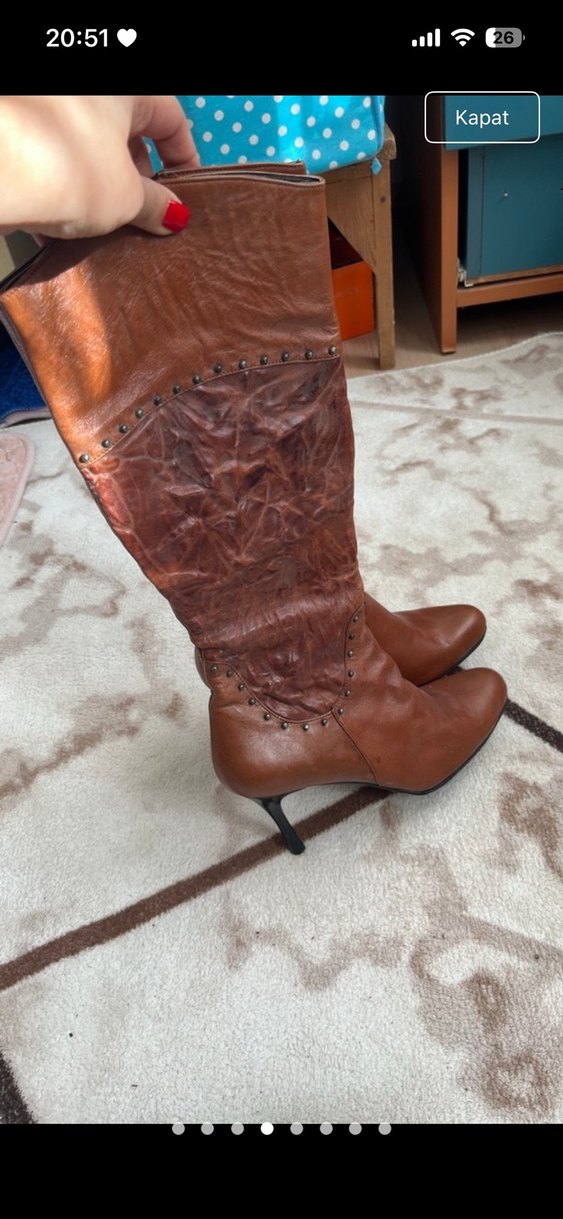 Kahverengi Deri Diz Üstü Topuklu Bot - Görsel 4