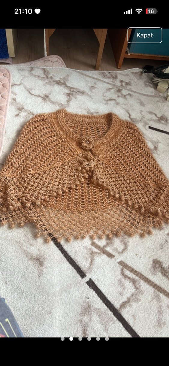 Bej Örgü Poncho, Bohem Stil, İşlemeli - Görsel 2