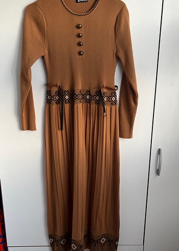 Kahverengi Nakışlı Bohem Triko Uzun Elbise - Görsel 4