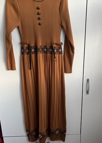 Kahverengi Nakışlı Bohem Triko Uzun Elbise - Görsel 6