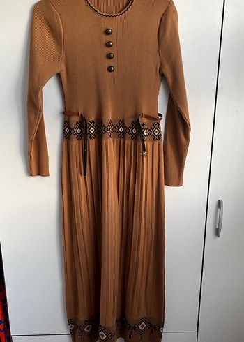 Kahverengi Nakışlı Bohem Triko Uzun Elbise - Görsel 5