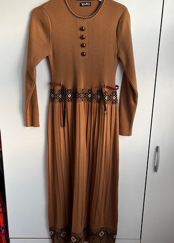 Kahverengi Nakışlı Bohem Triko Uzun Elbise - Görsel 2