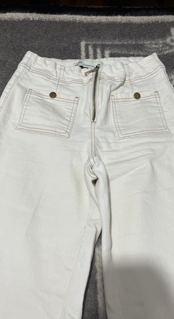 için Beyaz Geniş Paça Denim Pantolon - Görsel 5