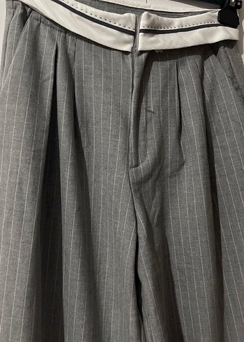 Gri Çizgili Kadın Keten Pantolon - Görsel 2