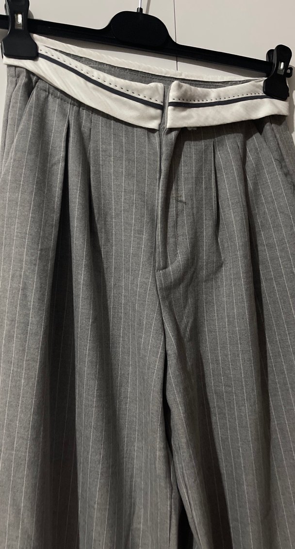 Gri Çizgili Kadın Keten Pantolon - Görsel 2
