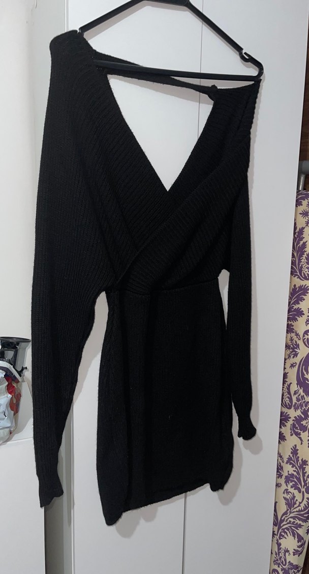 Siyah V Yaka Triko Uzun Elbise - Görsel 2