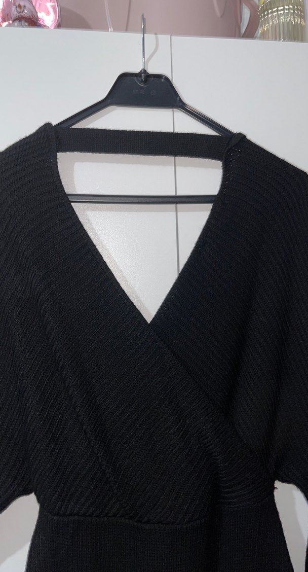 Siyah V Yaka Triko Uzun Elbise - Görsel 4