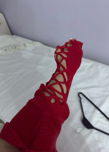 Diğer Kırmızı Uzun Kollu fitilli elbise