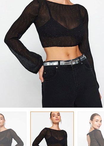 Siyah Transparan Uzun Kollu Crop Bluz