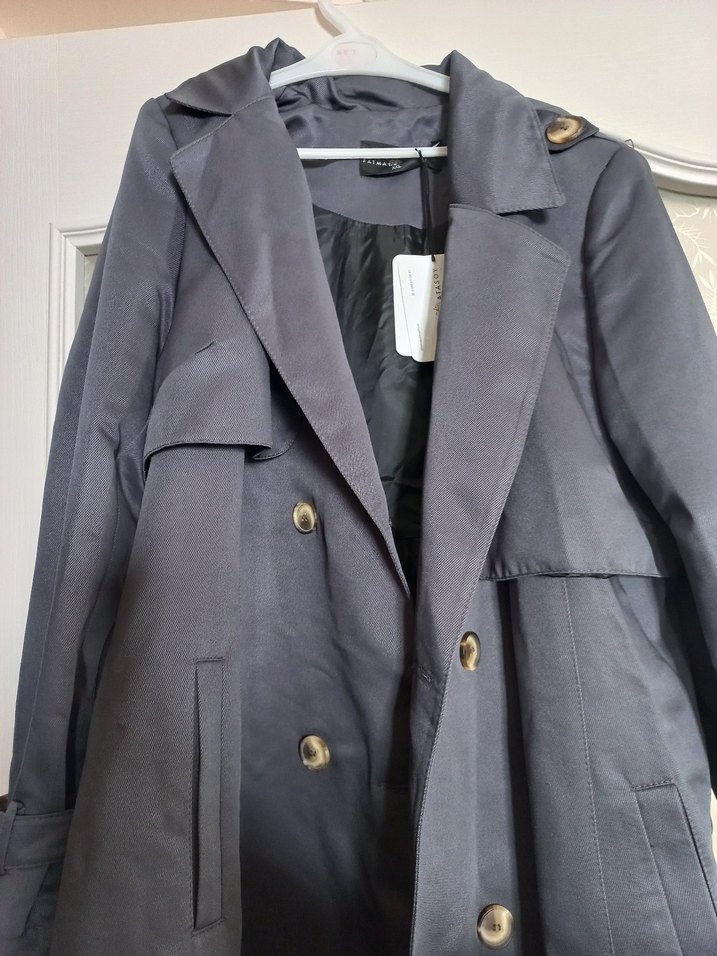 Gri Uzun Kadın Trençkot Çift Düğmeli - Görsel 2