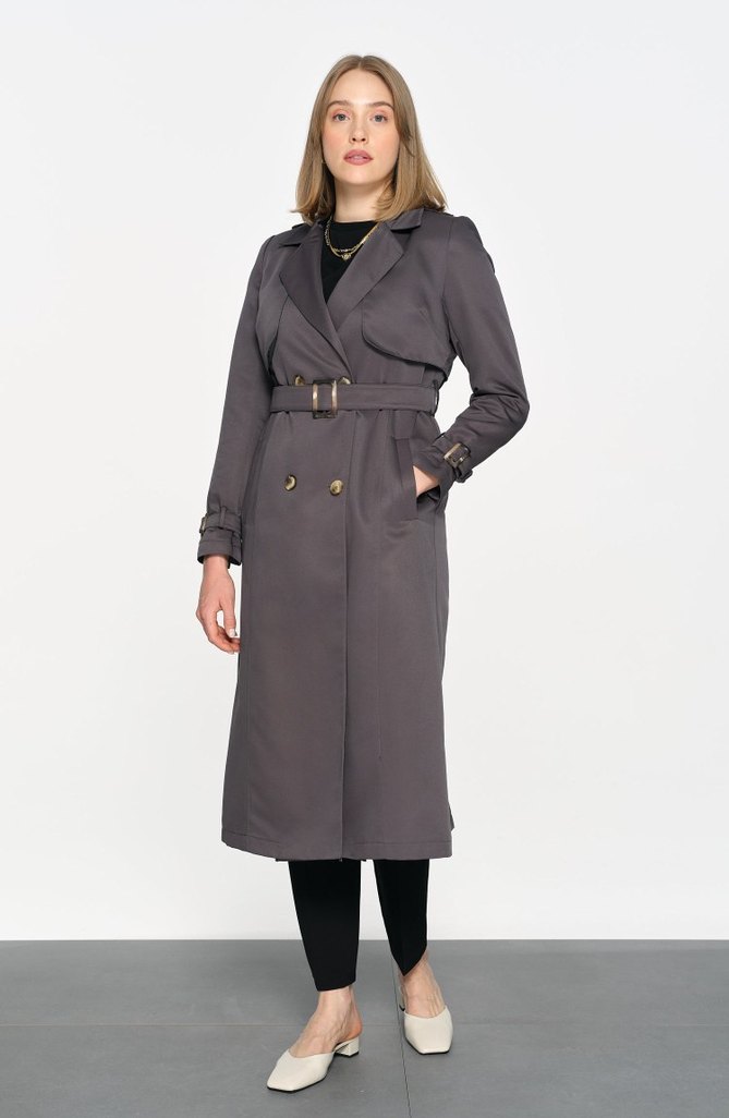 Gri Uzun Kadın Trençkot Çift Düğmeli - Görsel 3