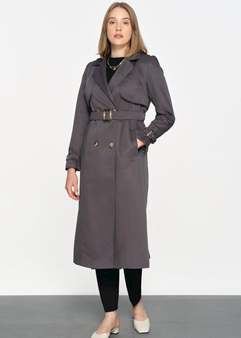 Düğmeli Gri Kadın Uzun Trençkot - Görsel 2