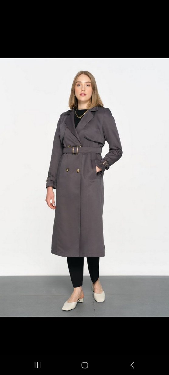 Düğmeli Gri Kadın Uzun Trençkot - Görsel 2