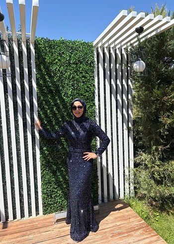 Lacivert pulpayetli Uzun Abiye Elbise - Görsel 4