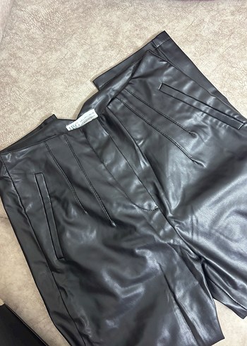 Deri Siyah Kadın Pantolon, Fermuarlı, Midi Boy - Görsel 2