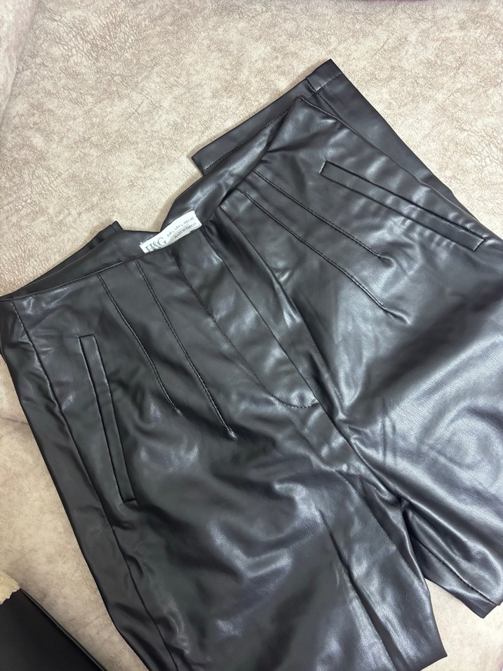 Deri Siyah Kadın Pantolon, Fermuarlı, Midi Boy - Görsel 2