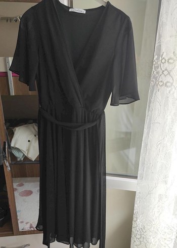 Siyah Şifon V Yaka Midi Drapeli Kadın Elbise - Görsel 2