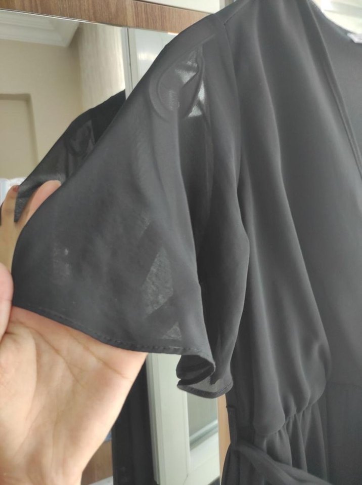 Siyah Şifon V Yaka Midi Drapeli Kadın Elbise - Görsel 3