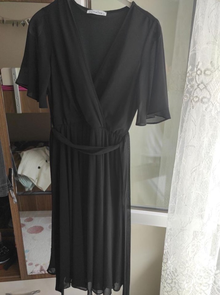 Siyah Şifon V Yaka Midi Drapeli Kadın Elbise - Görsel 2