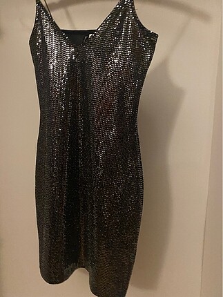 H&M parlak metalik parlak taşlı strecth mini elbise