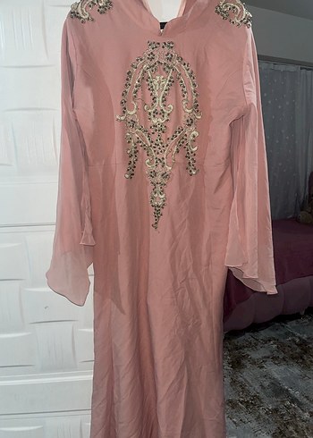 Pembe İşlemeli Uzun Salaş Kadın Abiye Elbise - Görsel 5