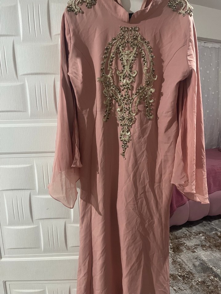 Pembe İşlemeli Uzun Salaş Kadın Abiye Elbise - Görsel 2