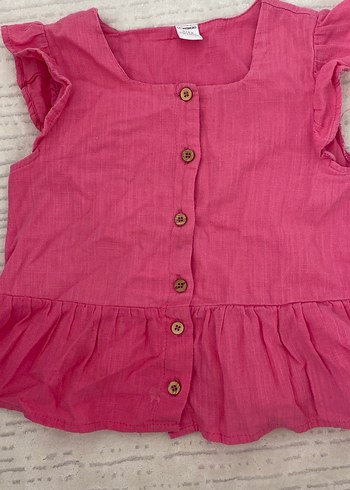 Pembe Kız Çocuk Keten Düğmeli bluz - Görsel 2