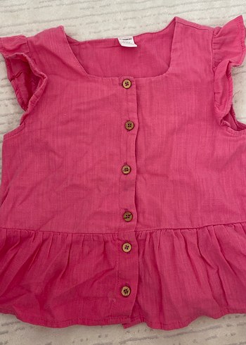 Pembe Kız Çocuk Keten Düğmeli bluz - Görsel 3