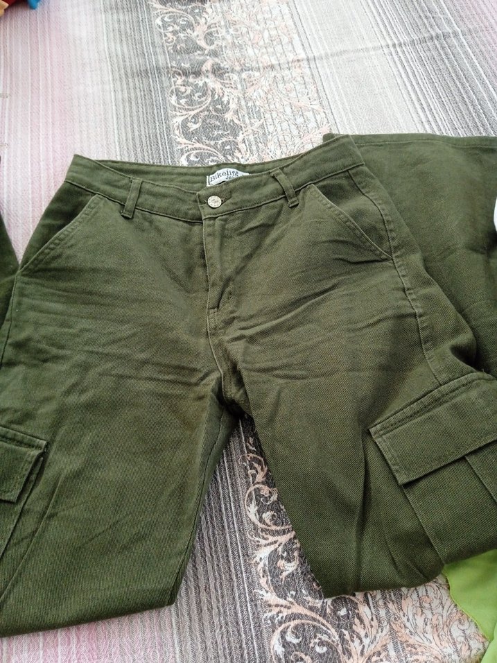 Kadın Keten Bol Kesim Kemerli Haki Pantolon - Görsel 2