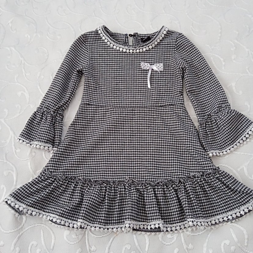 Uzun Kollu Pötikareli Kız Elbisesi - Görsel 2