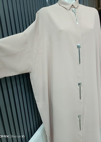 Bej Kadın Uzun Tunik, Kısa Kollu, Dökümlü - Görsel 2