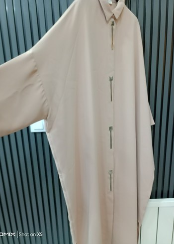 Bej Kadın Uzun Tunik, Kısa Kollu, Dökümlü - Görsel 3