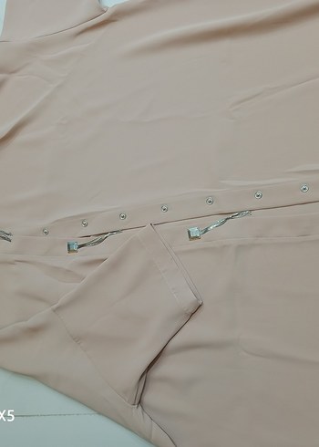 Bej Kadın Uzun Tunik, Kısa Kollu, Dökümlü - Görsel 5