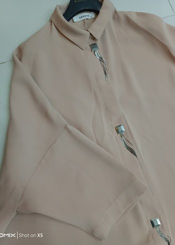 Bej Kadın Uzun Tunik, Kısa Kollu, Dökümlü - Görsel 4