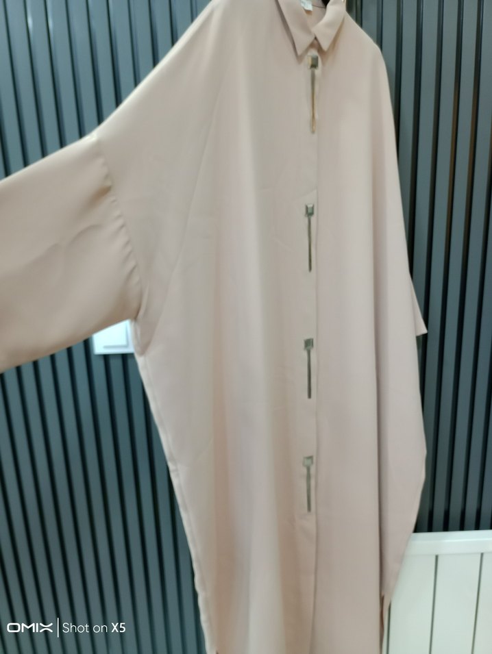 Bej Kadın Uzun Tunik, Kısa Kollu, Dökümlü - Görsel 3