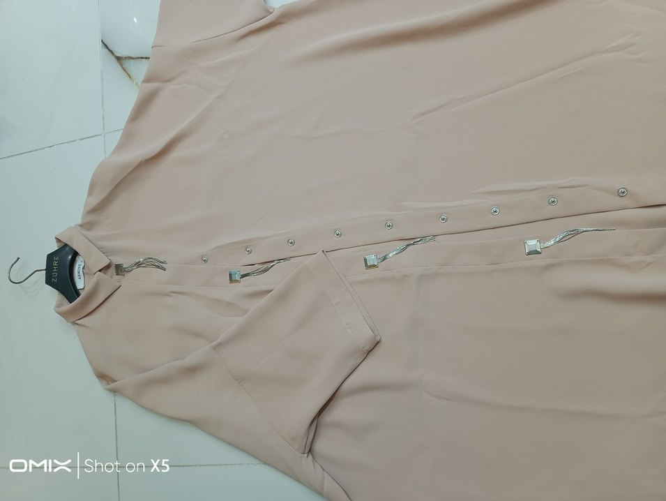 Bej Kadın Uzun Tunik, Kısa Kollu, Dökümlü - Görsel 5