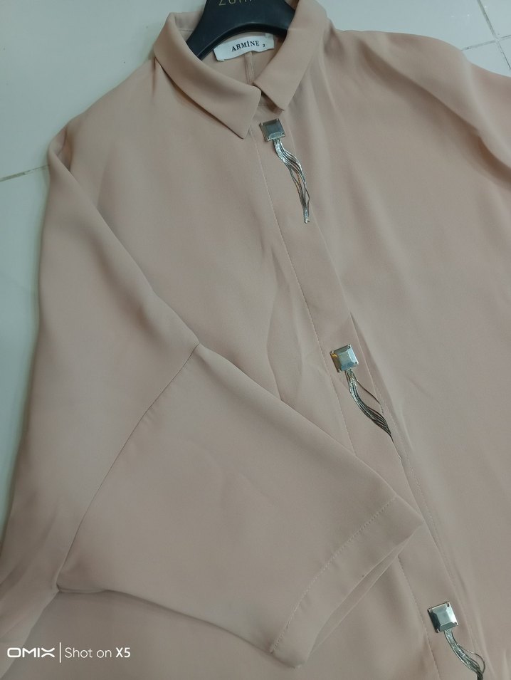 Bej Kadın Uzun Tunik, Kısa Kollu, Dökümlü - Görsel 4