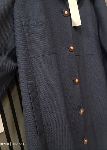 Lacivert Uzun Keten Kadın Kaban - Görsel 2