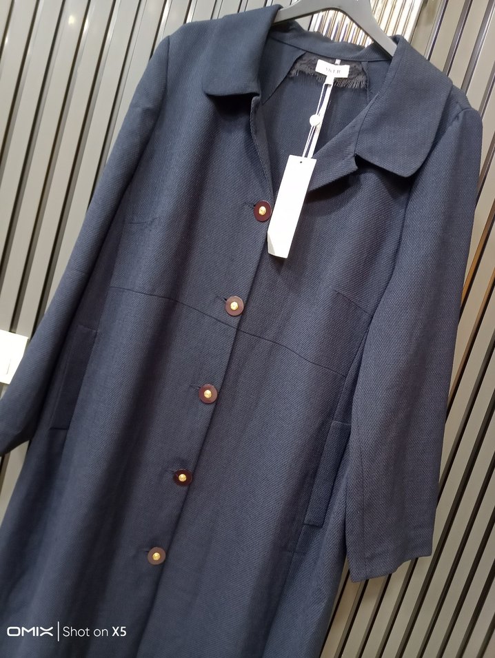 Lacivert Uzun Keten Kadın Kaban - Görsel 5