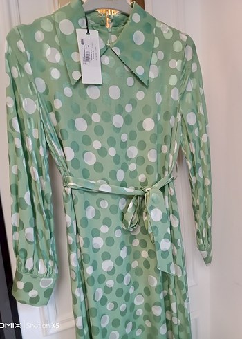 Yeşil Puantiyeli Uzun Kollu Kuşaklı Elbise - Görsel 5