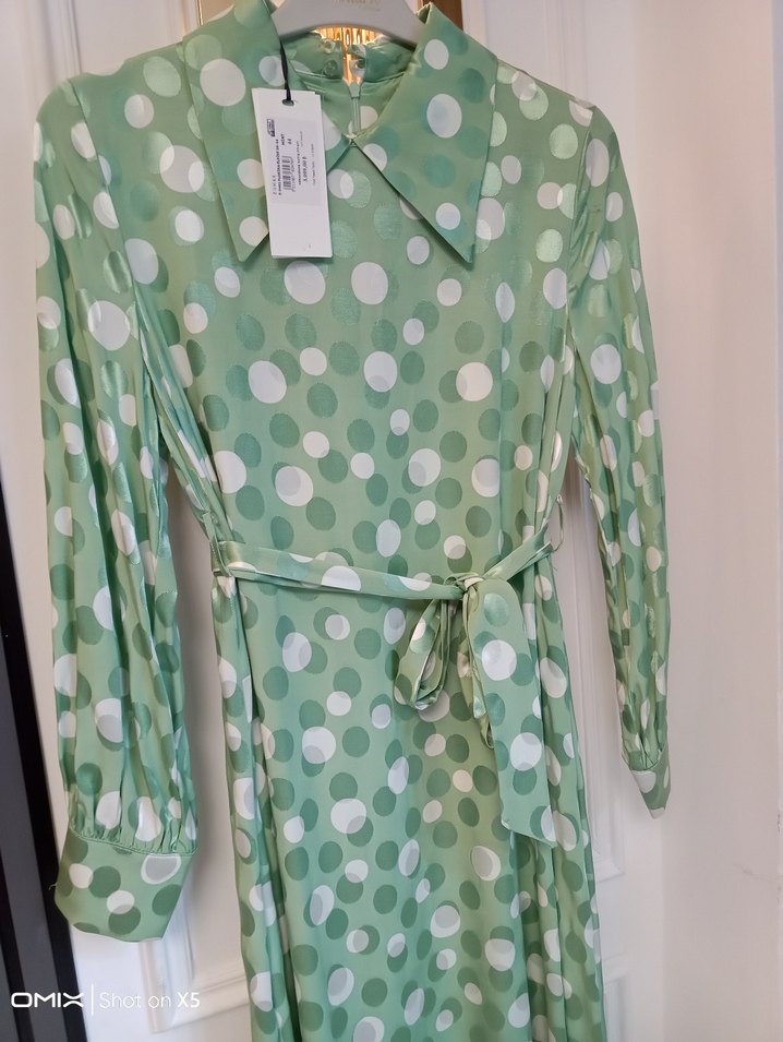 Yeşil Puantiyeli Uzun Kollu Kuşaklı Elbise - Görsel 5