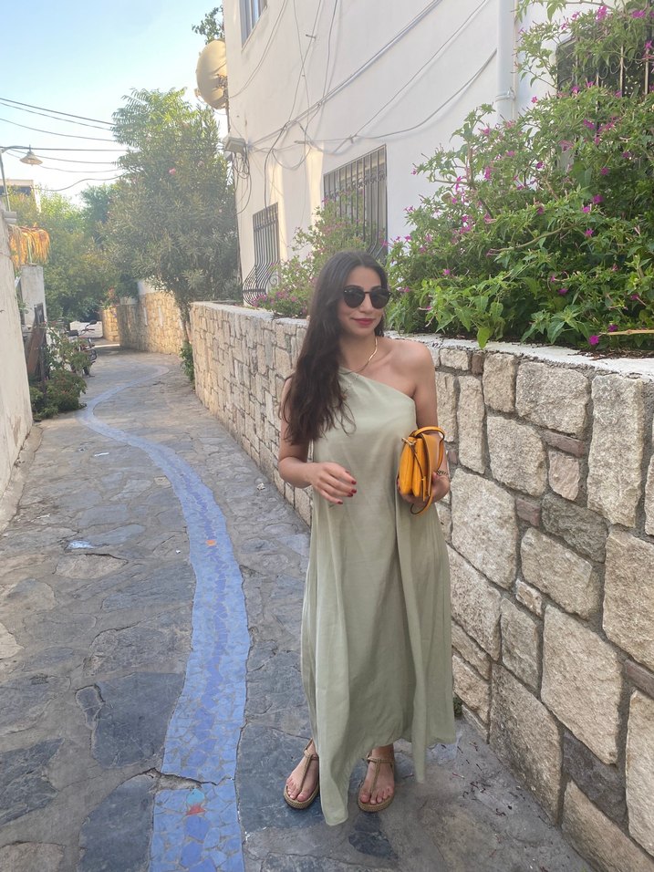 Drapeli Straplez Yeşil  Elbisesi - Görsel 4