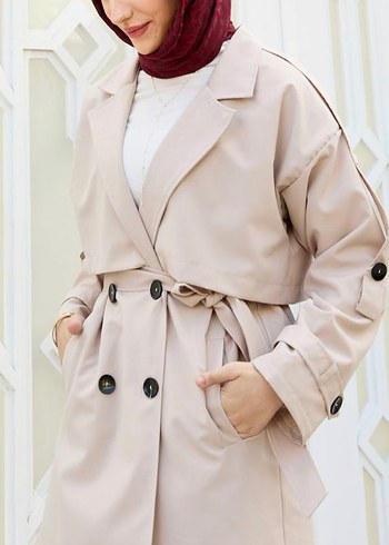 Zara Bej Kemerli Kadın Kısa Trençkot
