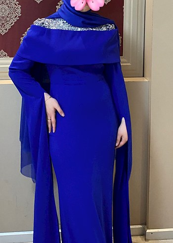 Uzun Kollu Drapeli Mavi Abiye Elbise - Görsel 3