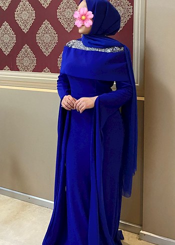 Uzun Kollu Drapeli Mavi Abiye Elbise - Görsel 2