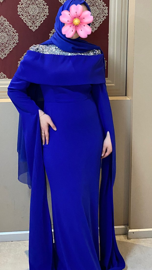 Uzun Kollu Drapeli Mavi Abiye Elbise - Görsel 3