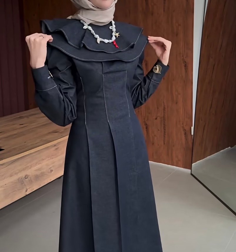 Lacivert Uzun Denim Elbise - Görsel 4